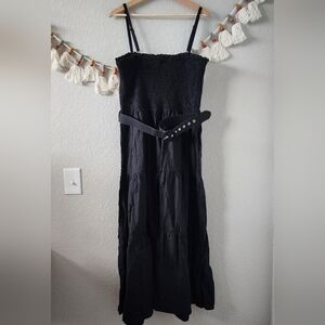 City Chic Linen Tiered Black Smocked Sleeveless Maxi Dress Beach Lagenlook 18